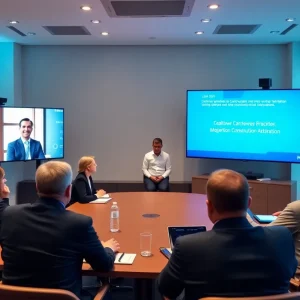 Participants engaged in a virtual webinar about construction arbitration advocacy.