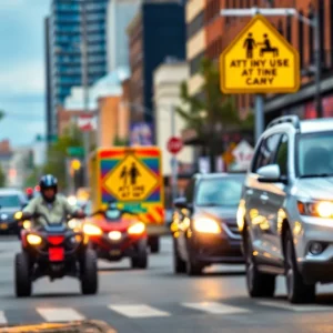 Urban street highlighting public safety warnings regarding ATV use.