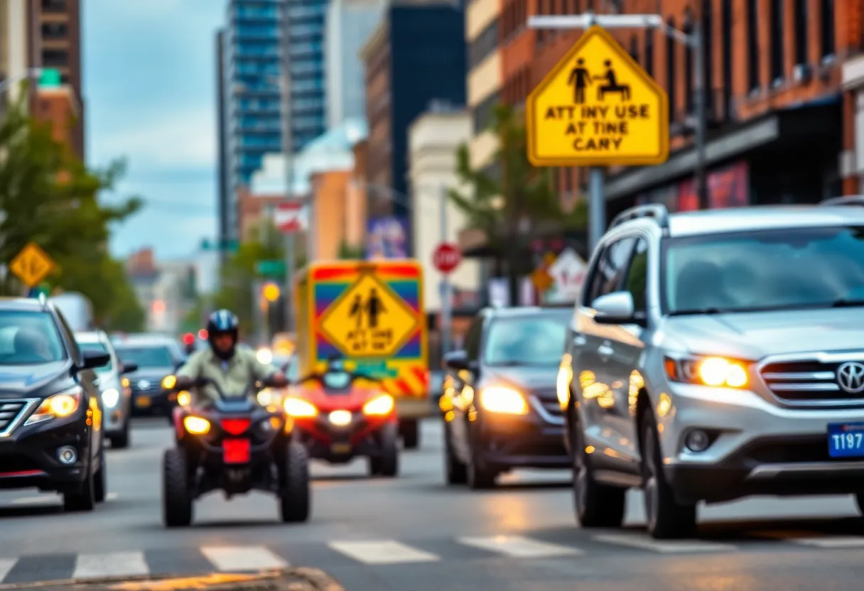 Urban street highlighting public safety warnings regarding ATV use.