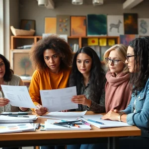 Diverse group of arts educators discussing financial issues in a classroom