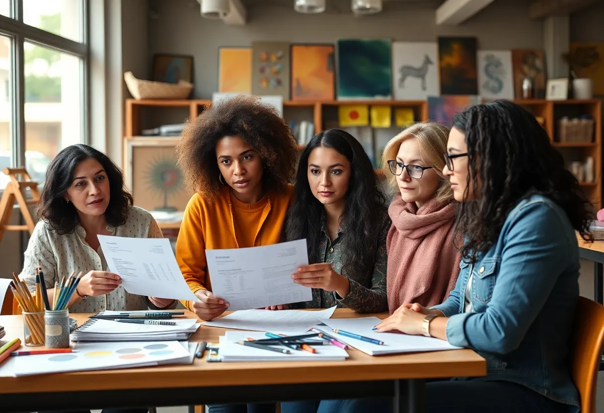 Diverse group of arts educators discussing financial issues in a classroom