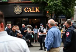 Scene outside a bar in Federal Hill with bystanders observing an incident.