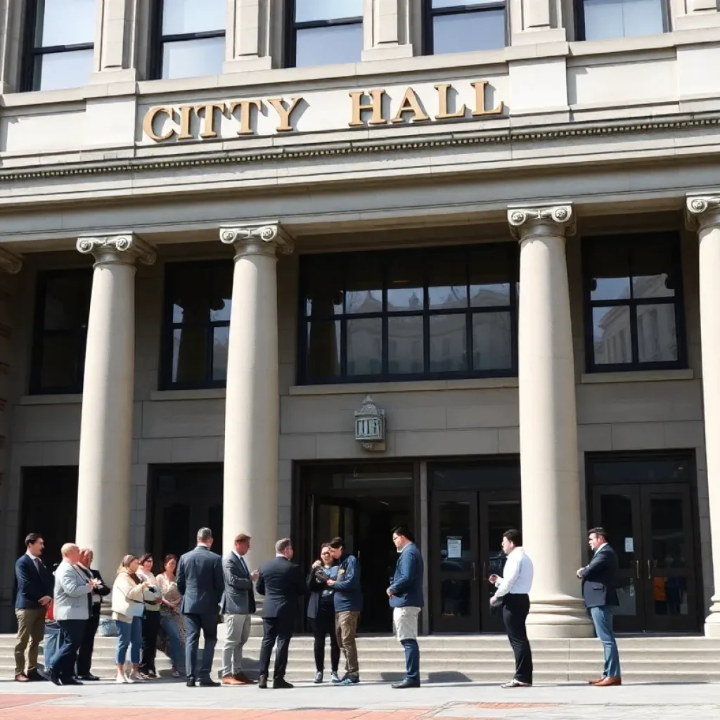 Discussion taking place outside Baltimore City Hall regarding budget management