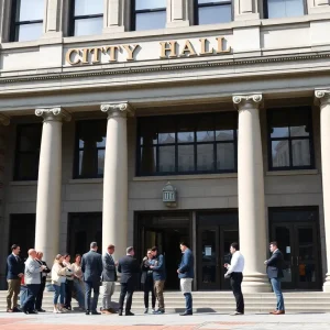 Discussion taking place outside Baltimore City Hall regarding budget management