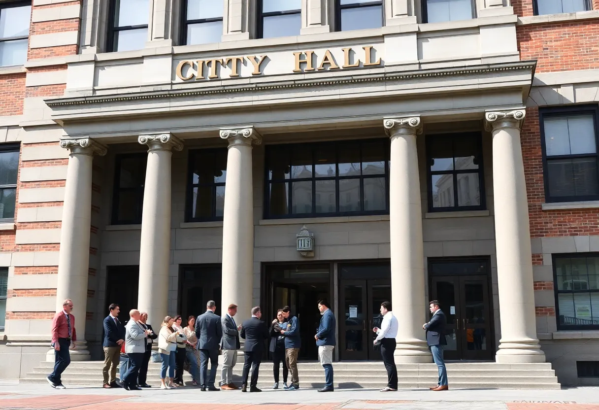 Discussion taking place outside Baltimore City Hall regarding budget management