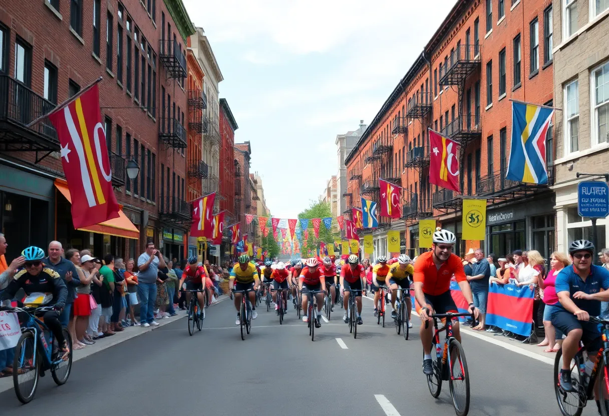 A cycling event in Baltimore showcasing athletes racing through historic streets.