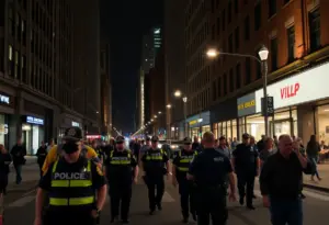 An urban street in downtown Baltimore with police presence at night