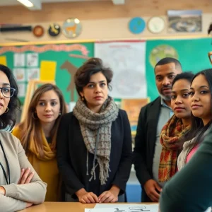 Group of educators having a serious discussion in school over payment delays.