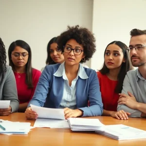 Teachers in Baltimore discussing financial hardships in a classroom.