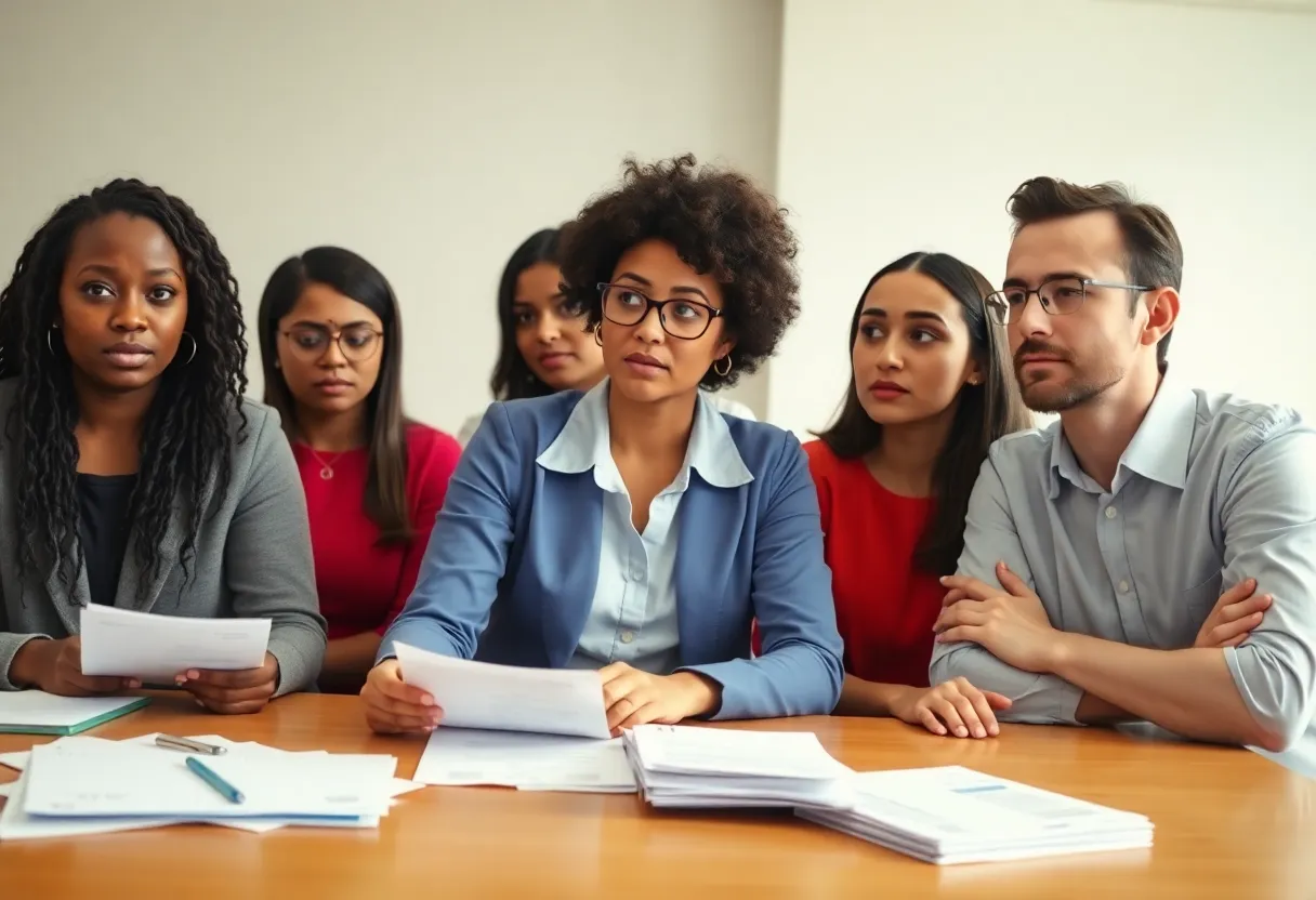 Teachers in Baltimore discussing financial hardships in a classroom.