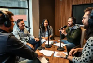 Local entrepreneurs discussing home services marketing in a podcast studio.