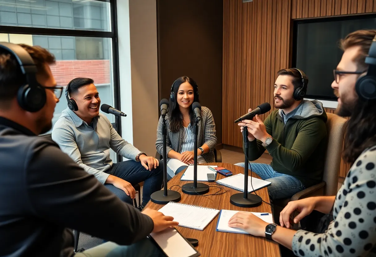 Local entrepreneurs discussing home services marketing in a podcast studio.