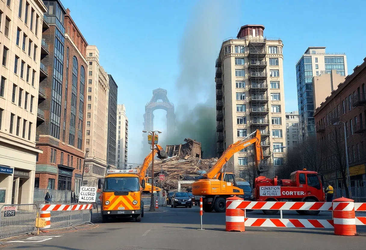 Construction site showing demolition of burned buildings in Baltimore