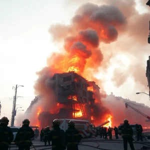 Firefighters combating a major urban fire in Baltimore