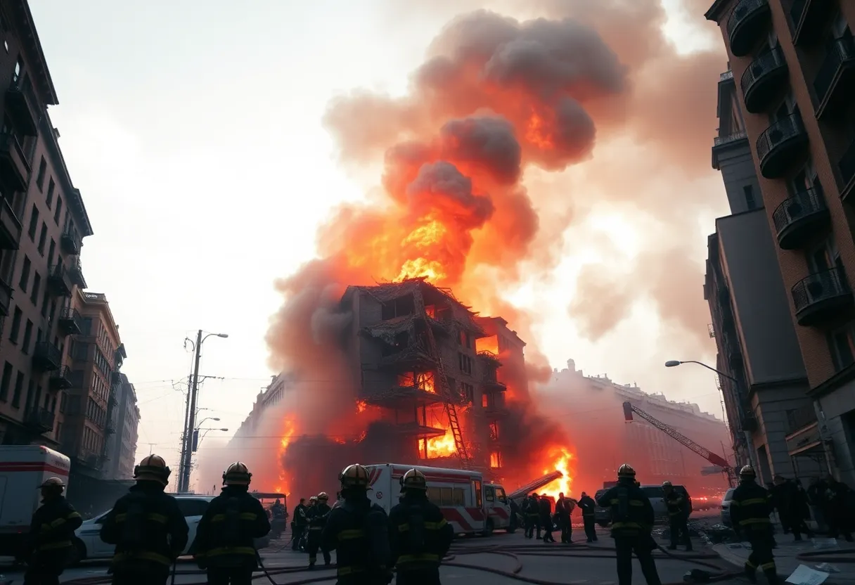 Firefighters combating a major urban fire in Baltimore