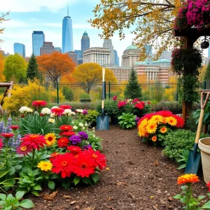 Colorful flowers and plants in a Baltimore garden during autumn.
