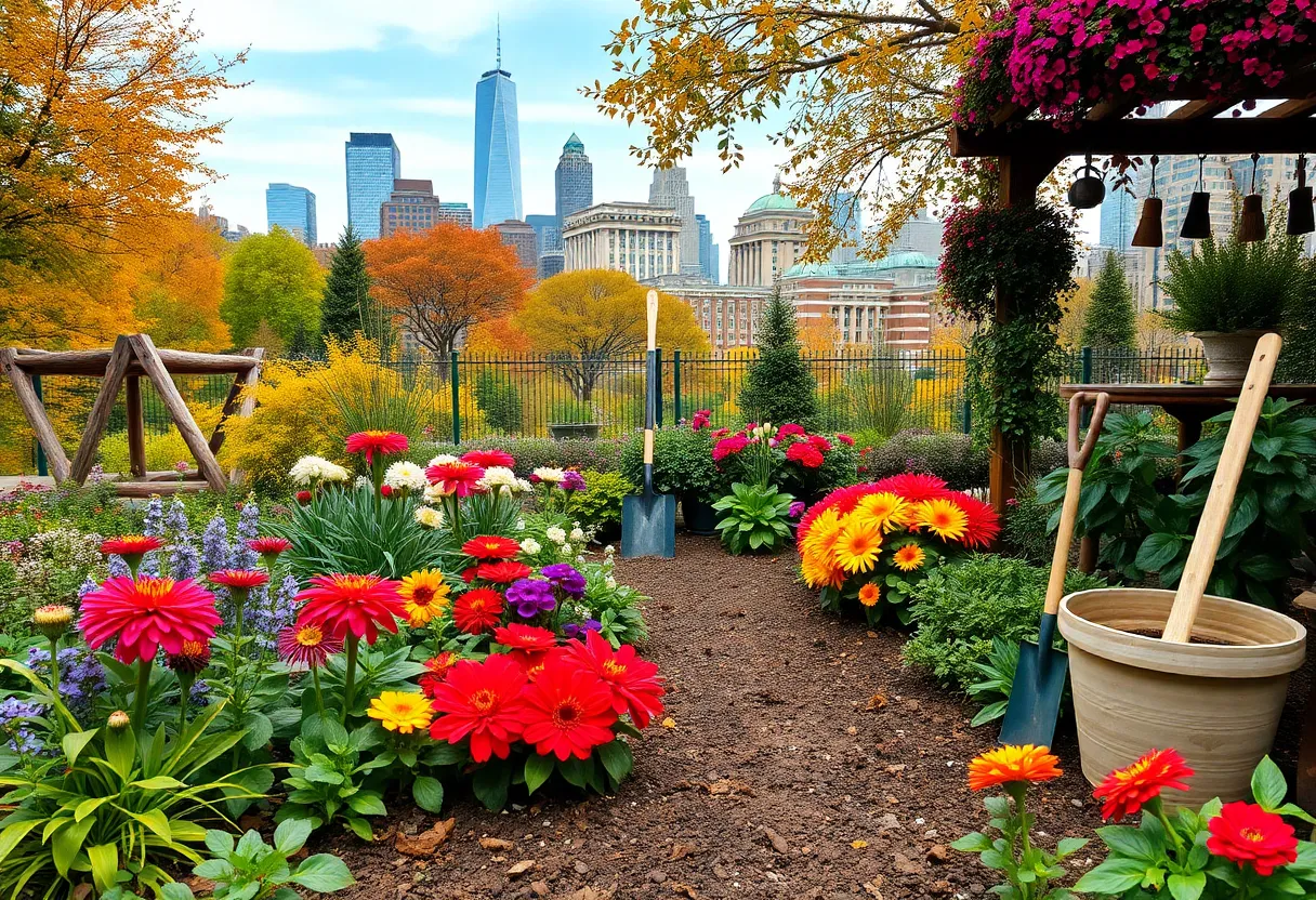Colorful flowers and plants in a Baltimore garden during autumn.
