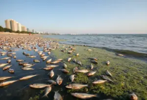 A view of Baltimore Harbor impacted by pollution with dead fish visible in the water.