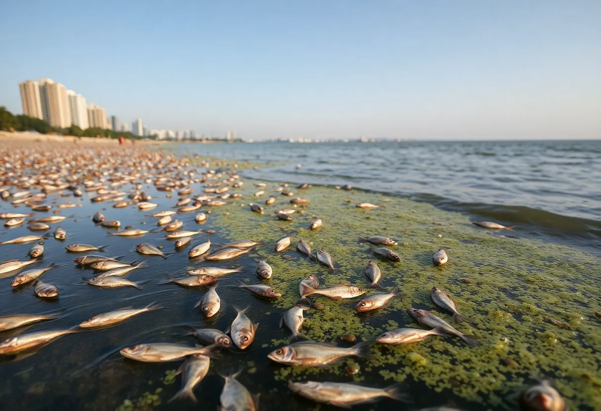 A view of Baltimore Harbor impacted by pollution with dead fish visible in the water.