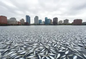 A large number of dead menhaden fish floating in Baltimore's harbor