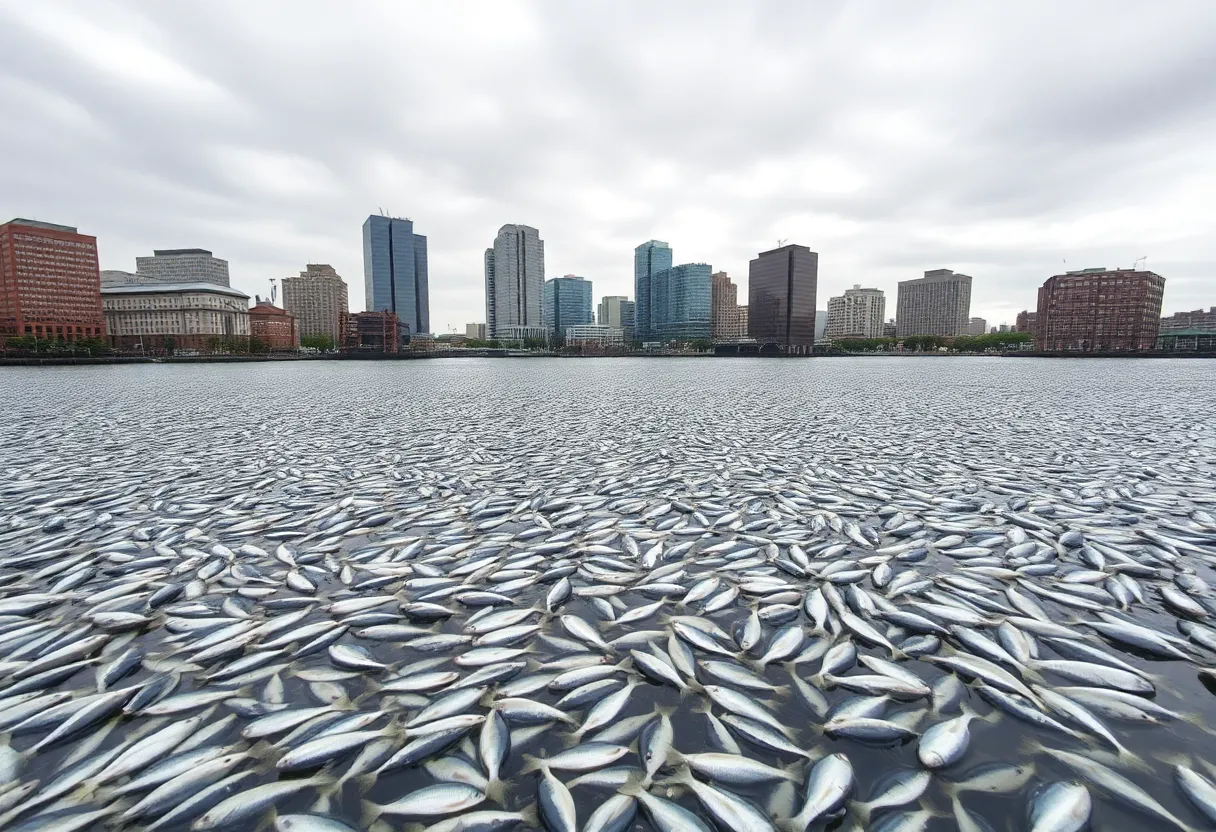 A large number of dead menhaden fish floating in Baltimore's harbor