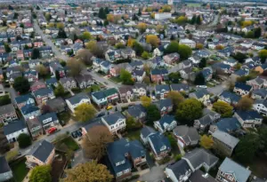 Aerial view of Baltimore neighborhoods showing housing variety.