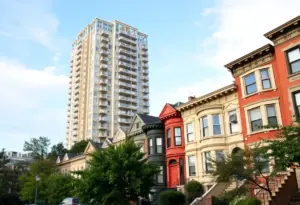 Historic Baltimore row homes with a proposed apartment complex design in the background