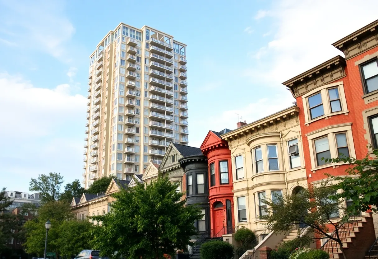 Historic Baltimore row homes with a proposed apartment complex design in the background