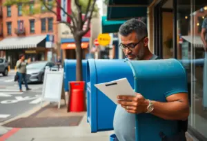 A concerned business owner checking mail outside their shop in Baltimore.