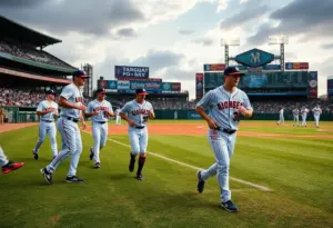 Baltimore Orioles players warming up on the field