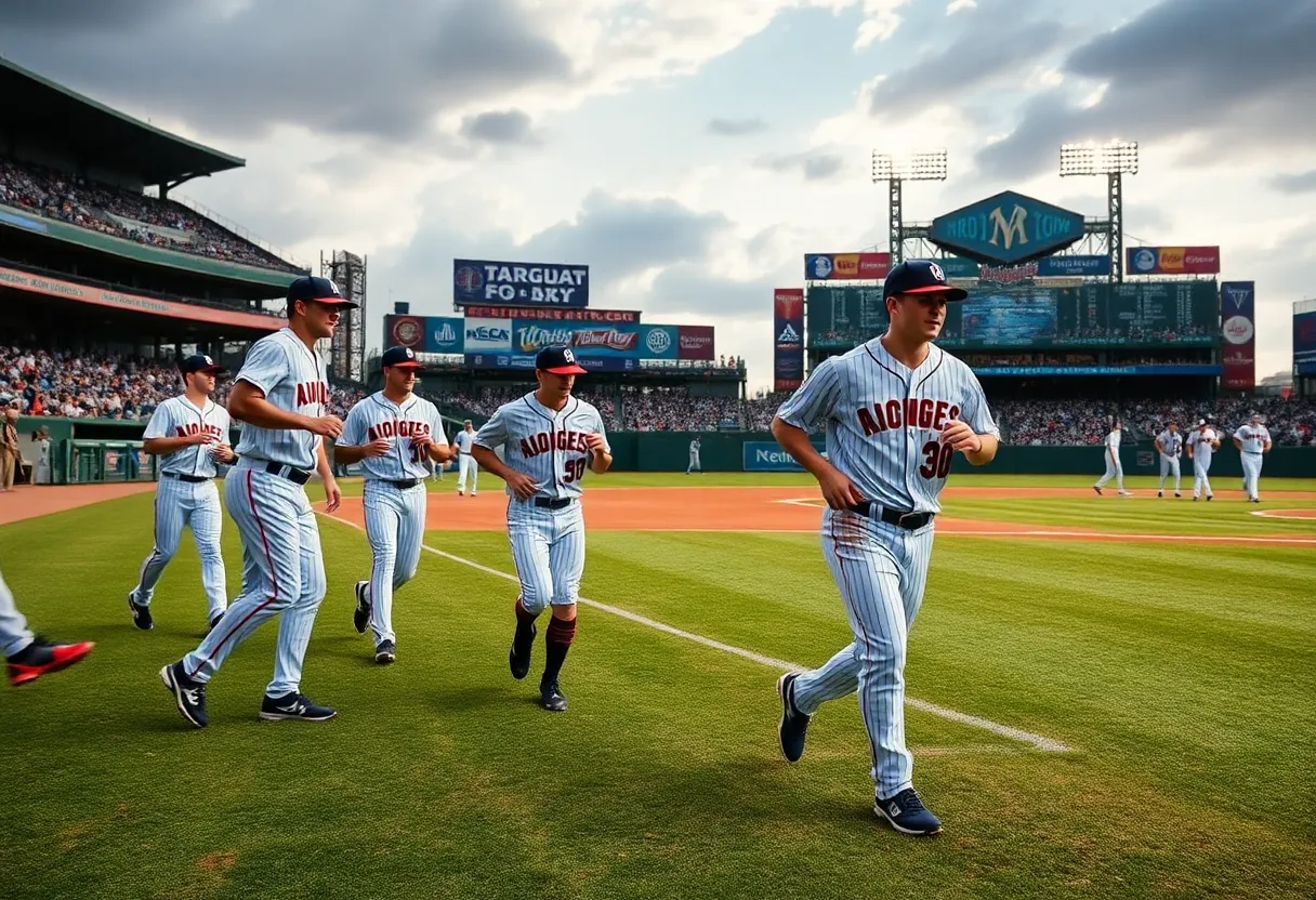 Baltimore Orioles players warming up on the field