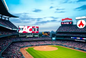 View of Baltimore Orioles baseball stadium during a game.