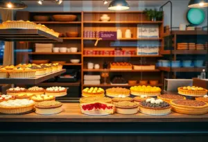 A display of various pies in a pastry shop.