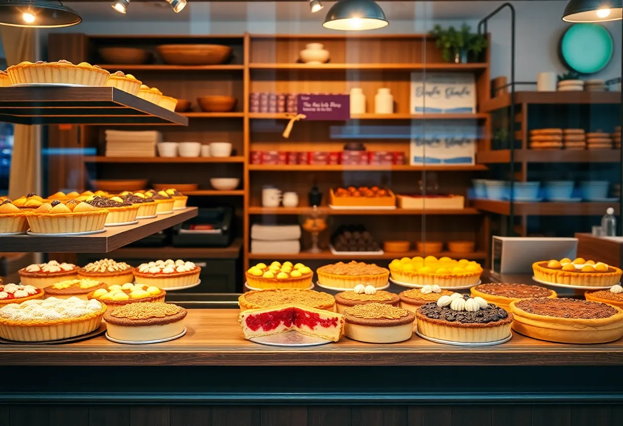 A display of various pies in a pastry shop.