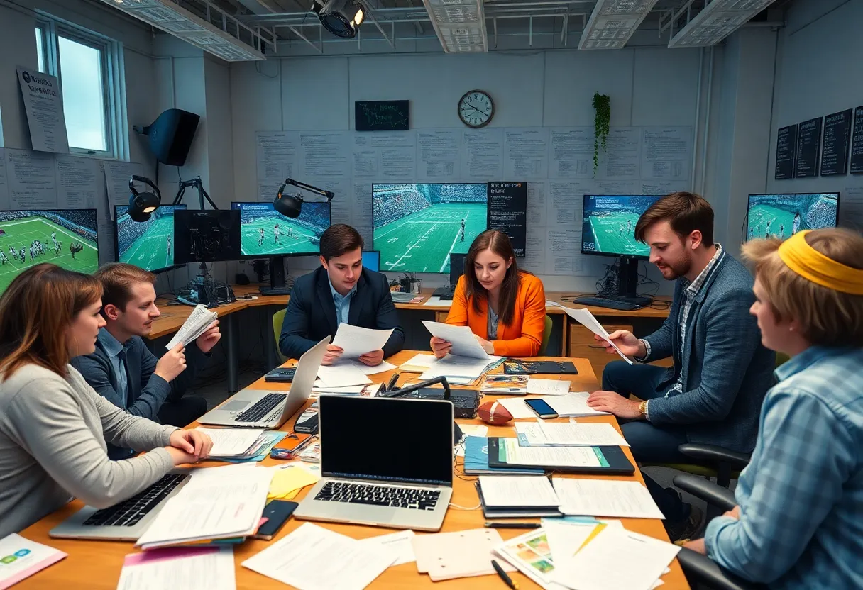Writers in a sports newsroom covering Baltimore Ravens