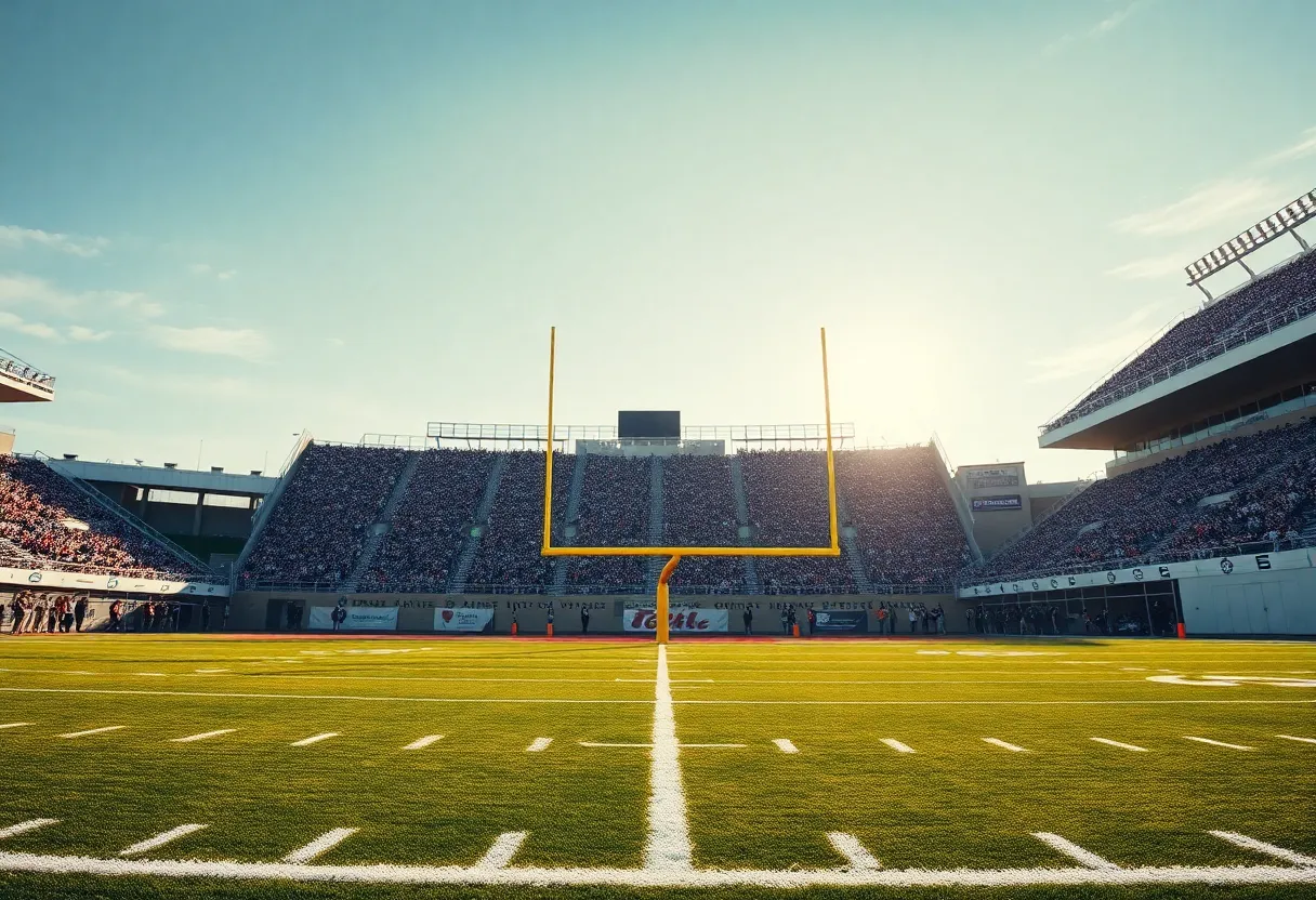 View of an empty football field ready for a game