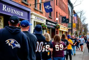 Fans in Baltimore wearing Ravens-themed apparel amidst a lively street atmosphere.