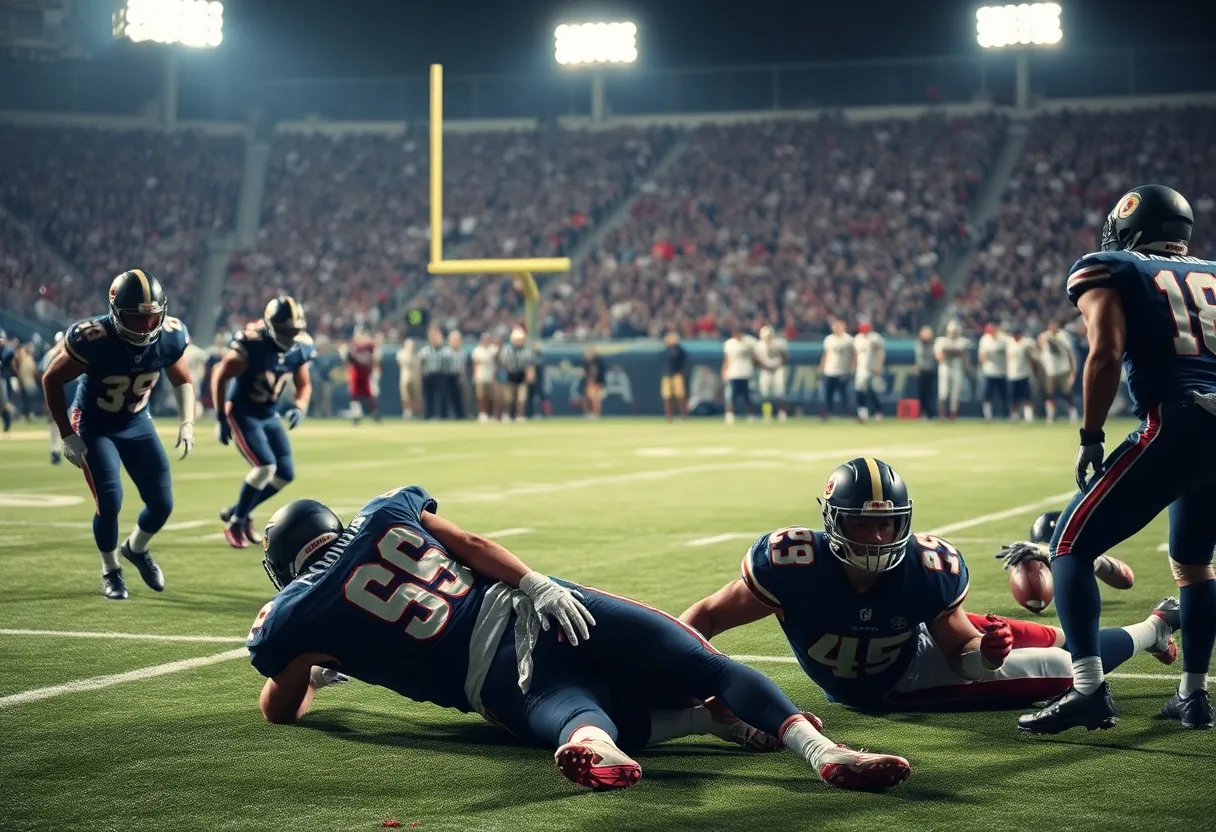 Baltimore Ravens players struggling on the field during a game