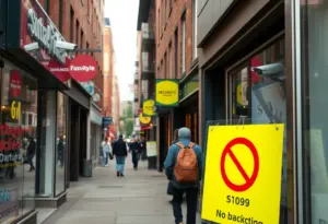 A view of storefronts in Baltimore with security signs indicating shoplifting concerns.