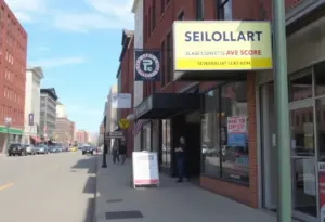 A Baltimore street with retail shops showing security measures against theft