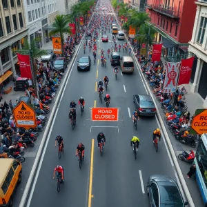 Overview of Baltimore streets closed for the cycling event with traffic barriers.