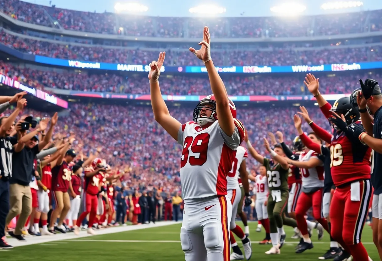 Buffalo Bills players celebrating in the stadium after a remarkable victory.