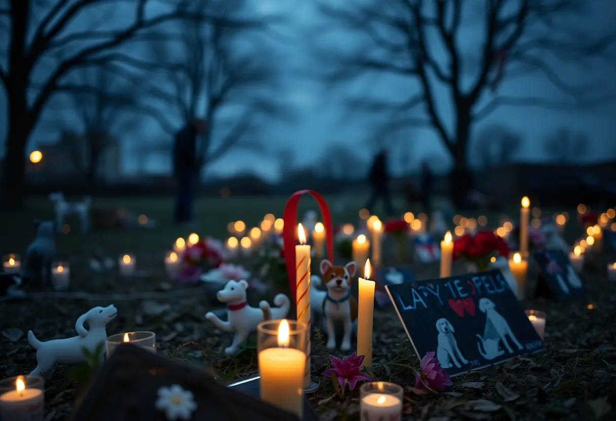 Candlelight vigil with candles and pet memorials