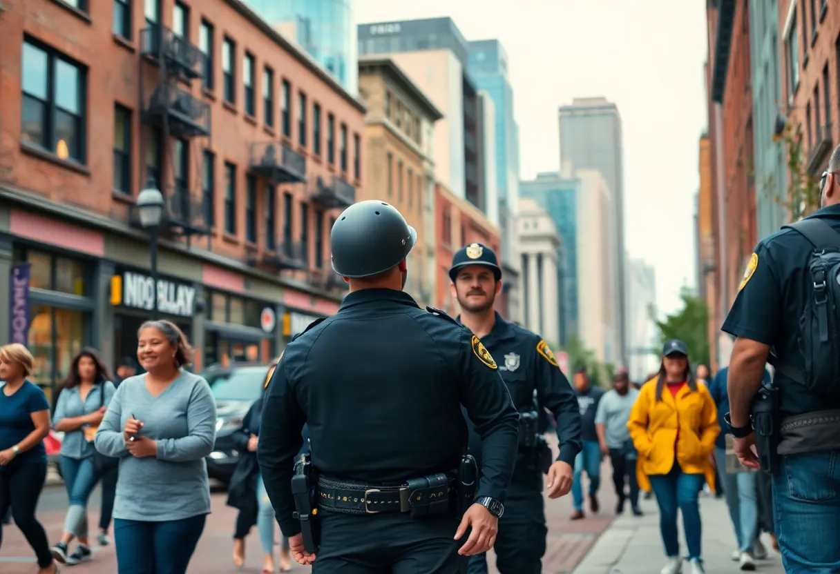 A diverse group of people in Baltimore engaging in community activities for crime prevention.