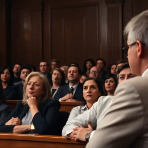 Courtroom filled with anxious individuals during a financial fraud case
