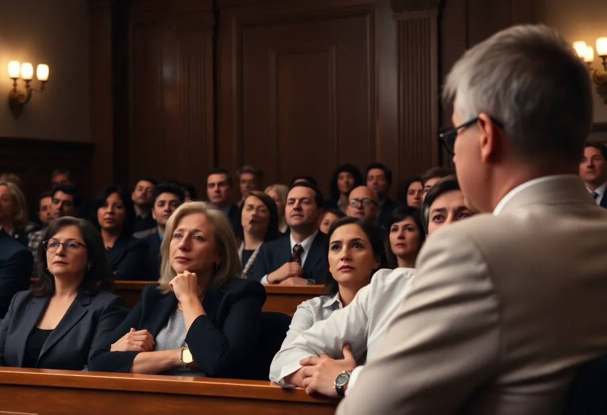 Courtroom filled with anxious individuals during a financial fraud case