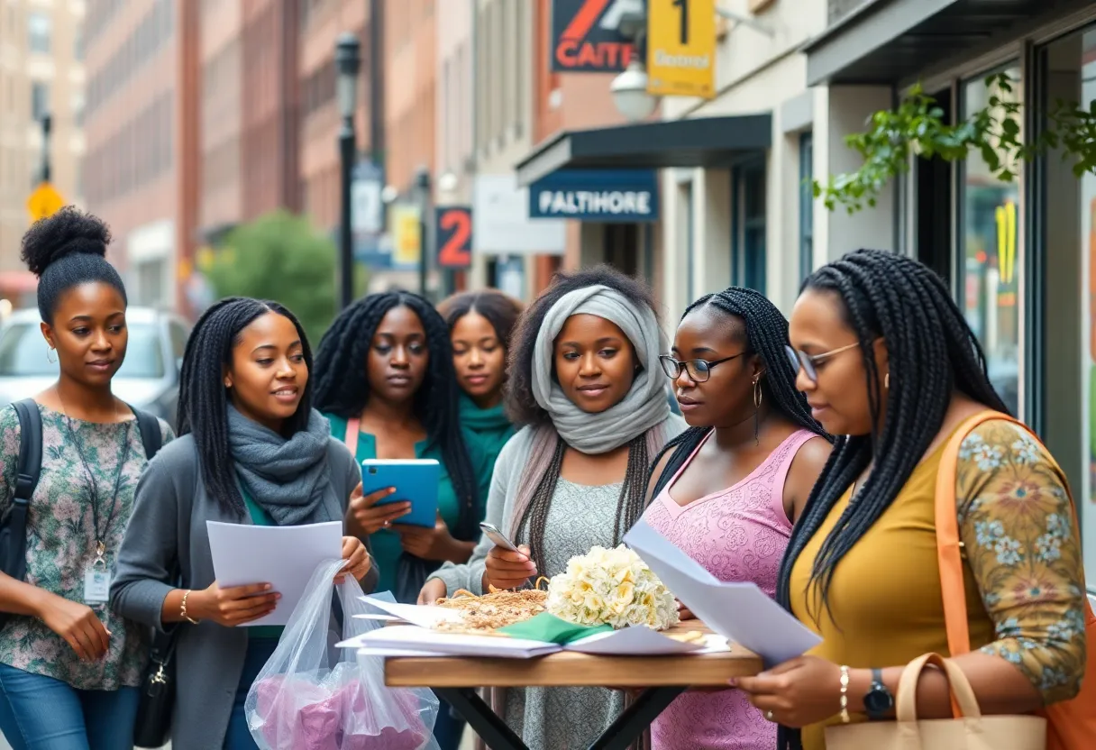 A group of diverse women entrepreneurs in Baltimore showcasing their businesses.
