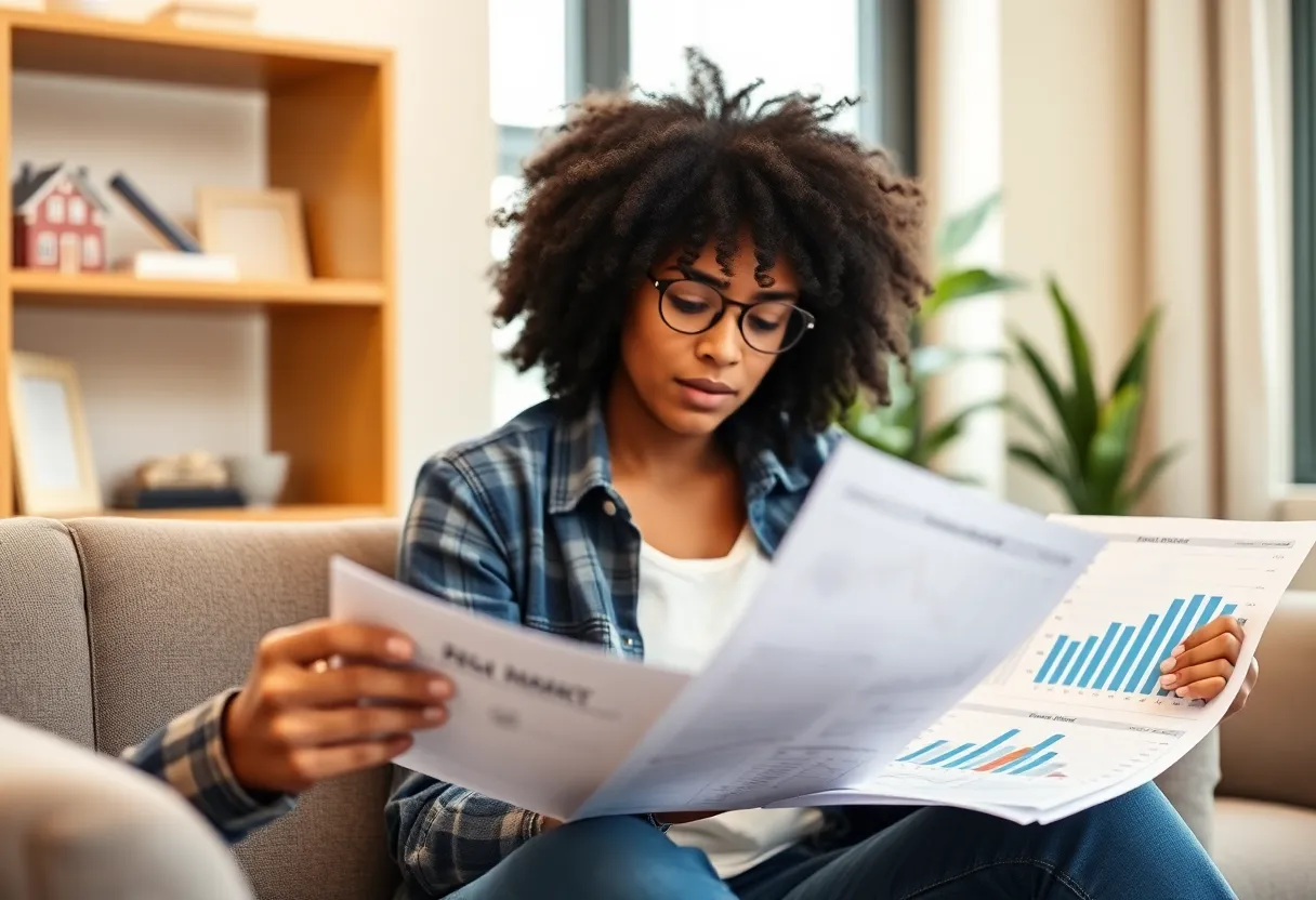 First-time homebuyer examining real estate market reports in Baltimore.