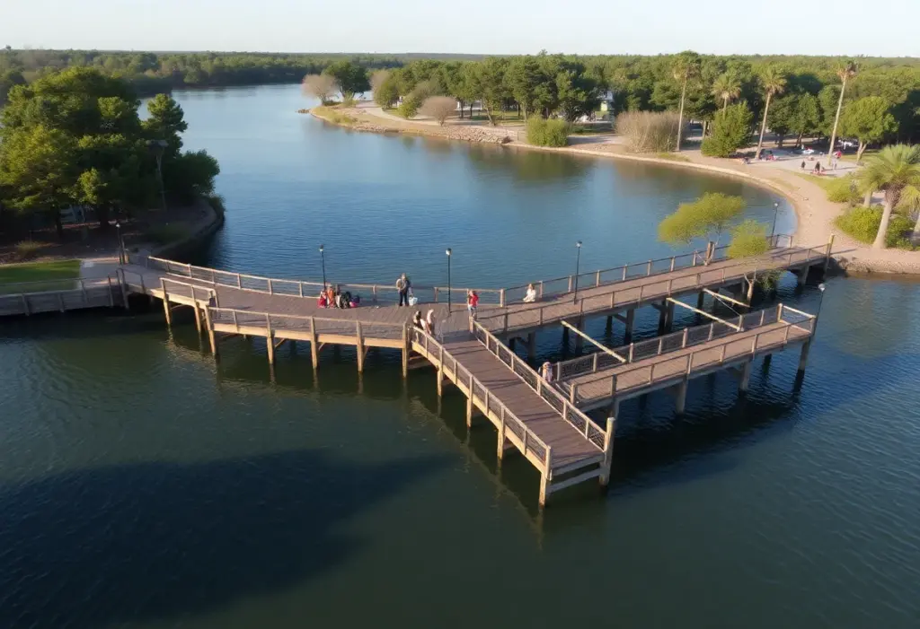 People fishing from the new pier at Fleming Park