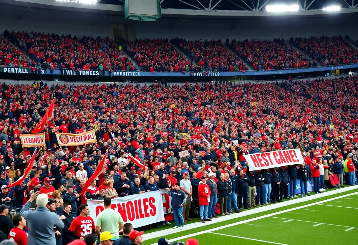 Crowd of football fans celebrating in a stadium before a game.